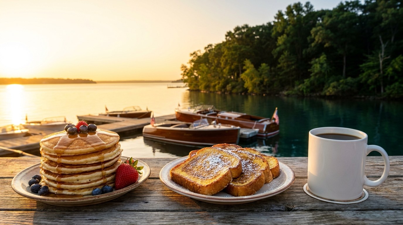 A warm golden morning breakfast on a dock table at the Point Pleasant marina: a tall stack of pancakes with berries and syrup, golden French toast, and a mug of coffee, with boats on the calm water behind