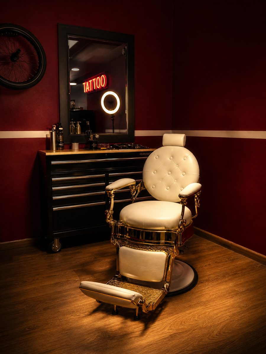 The cream-and-gold styling chair at House Of Fades, lit under a ring light against the crimson wall